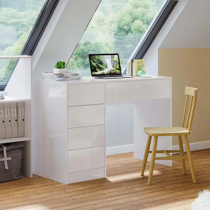 Bellamio 'Livny' Schreibtisch mit 5 Schubladen, beidseitig montierbar, weiß Hochglanz, 80x53x110 cm, Computertisch mit Stauraum, Bürotisch mit Push-to-open, geeignet als Schminktisch