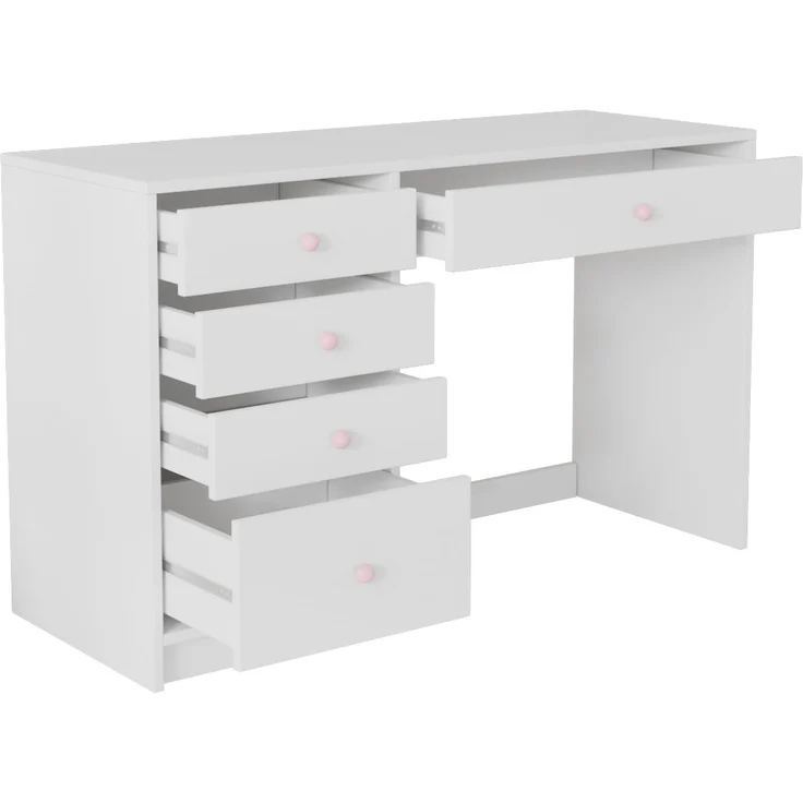 Schreibtisch mit 5 Schubladen und rosa Keramikgriffen aus MDF, 120x45x74 cm, Weiß – Bild 5