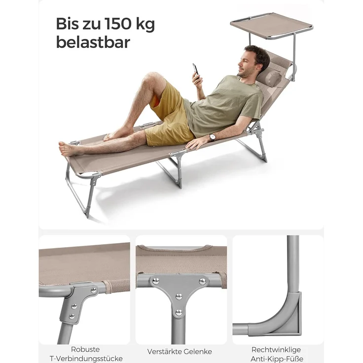 Songmics Sonnenliege, Klappliege, 193 x 53 x 29 cm, Tragkraft 150 kg, mit Sonnenblende und neigbarer Rückenlehne, für Garten, Pool, Terrasse, Taupe GCB192K01 – Bild 7