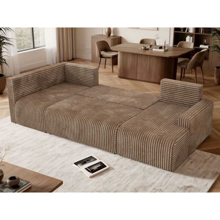 U-förmiges Sofa NESSARO COR U mit Schlaffunktion und Bettkasten, Freistehende Wohnlandschaft, DL-System, Bonellfederkern - Braun Cord - Links Seite – Bild 5