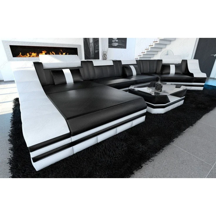 Sofa Dreams - Mini Luxus Wohnlandschaft Turino C-Form mit LED - Echtleder - Schwarz-Weiß - Links – Bild 3
