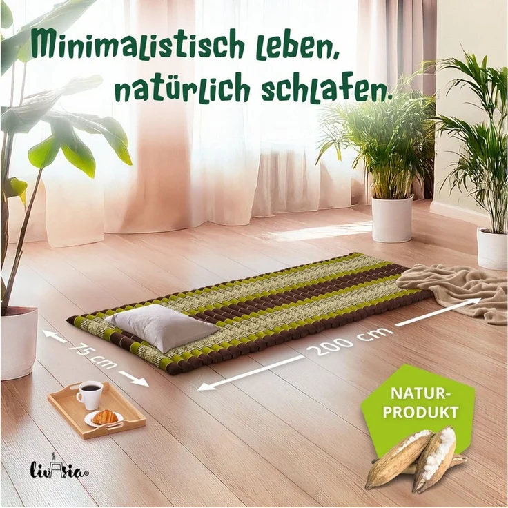 Reisebett-Matratzen Rollmatte 75 cm breit, vegan und handgefertigt, 200x75x4,5cm, livasia, 4.5 cm hoch, Kapok