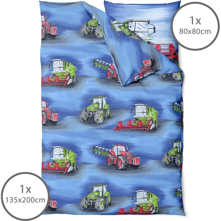 LINKHOFF Kinderbettwäsche Traktor Bettwäsche 135x200 für Jungen 2tlg. – Traktoren & Mähdrescher, Biber Bettwäsche-Set, Trecker Kinderbettwäsche, 100% Baumwolle – Bild 2
