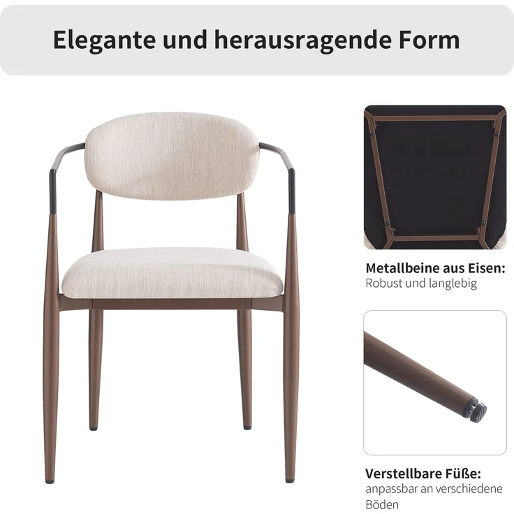 Esszimmerstühle 2er-Set, Leinenstoff & Metall, ergonomisch, gepolstert, verstellbare Beine, modern & bequem,Beige – Bild 7