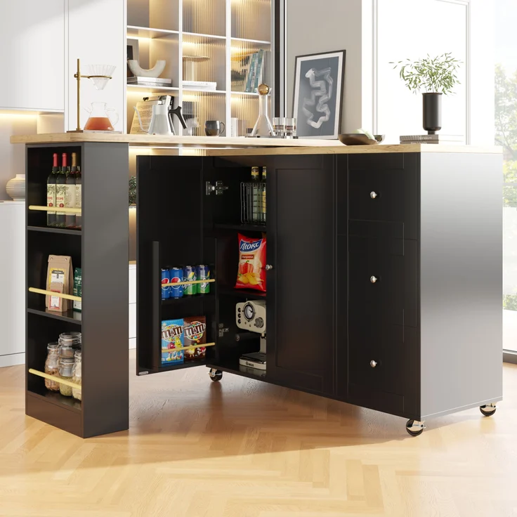 Bartischschrank Schwarz Küchentisch 360° drehbar mit Rollen, Klapptisch Sideboard mit Regalen, aus MDF modern mit Metallgriffen – Bild 1