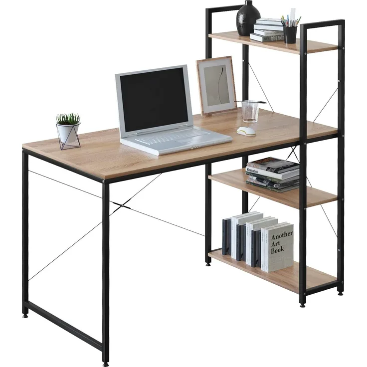 Schreibtisch mit integriertem Bücherregal, eiche-schwarz, 120 x 64 x 120 cm