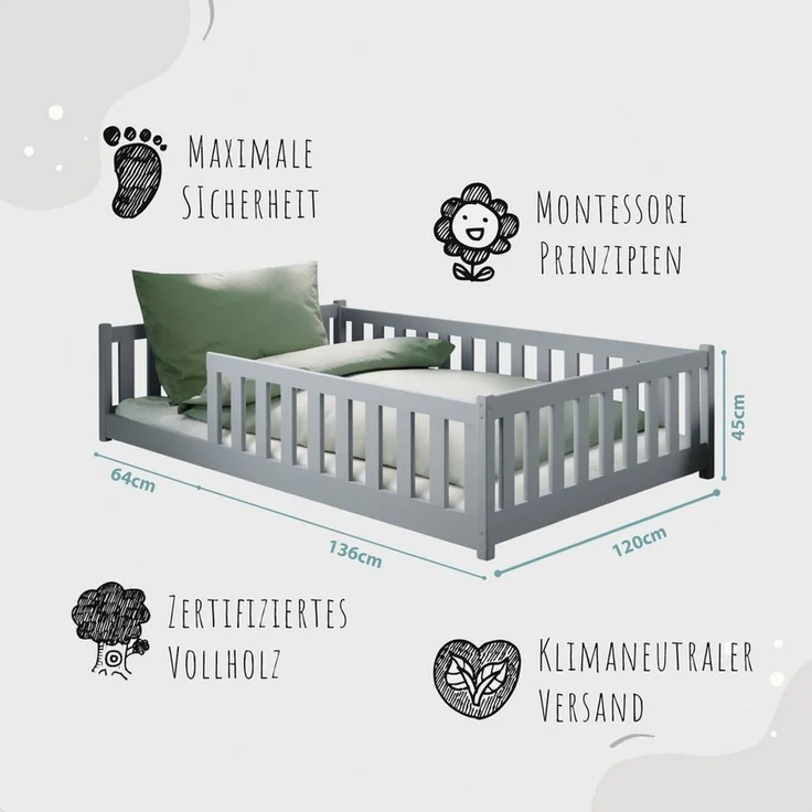 Kids Collective Kinderbett Bodenbett Bett mit Rausfallschutz & Lattenrost Montessori Bett Kinder (Jungen, Mädchen, Kinder, weitere Größen 80x160, 80x180, 90x190, 90x200, 140x200 cm), Jugendbett Einzelbett Aschgrau Kiefer 120x200 cm – Bild 3