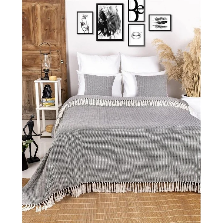 Gräfenstayn Tagesdecke mit Fransen aus 100% Baumwolle – Baumwolldecke mit Fischgrätenmuster, Wohndecke als Sofa-Überwurf, Bett-Überwurf, Couch-Überwurf, Sofa-Decke – Bild 2