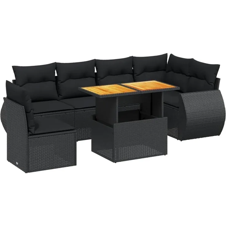 vidaXL 7-tlg. Garten-Sofagarnitur mit Kissen Schwarz Poly Rattan 3272217