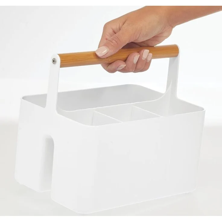 mDesign Besteckkorb Aufbewahrungskorb Holzgriff 4 Fächer Organizer Weiß – Bild 5