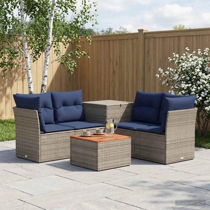 vidaXL Sofa Set 6 stk. Grau und Marineblau Polyrattan und Stahl 3447355 – Bild 1