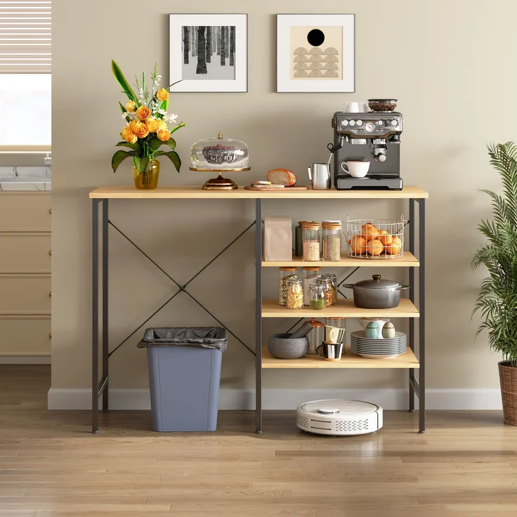 ZUBALIYA Ablagetisch 120 x 40 x 85,5 cm – flexibel montierbare Regale, Metallrahmen mit X-Verstrebung, höhenverstellbare Standfüße, MDF, Metall, Schwarz, Naturfarben – Bild 1