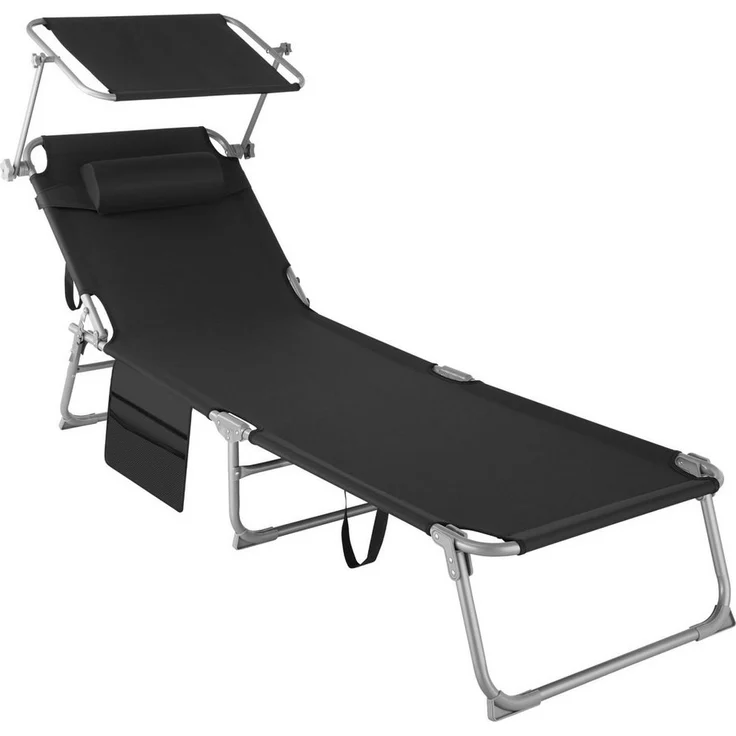 tectake® Sonnenliege klappbar, tragbar, Liege mit Seitentasche, Strandliege, Gartenliege mit Dach, Liegestuhl mit Verstellbarer Rückenlehne, inkl. Kopfkissen - für Balkon, Terrasse, Camping - schwarz – Bild 1