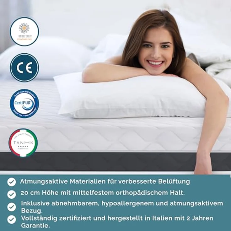 TANHK Kontinentale Doppel-Memory-Matratze 100% Made in Italy | Mittelfest orthopädisch | Druckpunktentlastungssystem | Hypoallergen, Antibakteriell und Anti-Milben | Hohe Atmungsaktivität | 140x190 – Bild 4