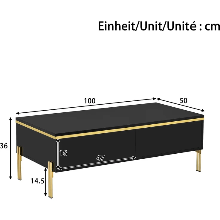 Modernes Luxus-TV-Schrank- und Couchtisch-Set , Hochglänzende Oberfläche in Unifarbe , Goldene Kanten , Großzügiger Stauraum--Schwarz--111x59.21x13.49cm--YOUDENOVA – Bild 3
