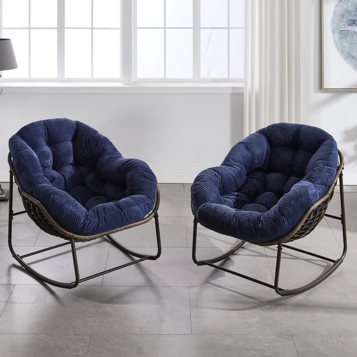 Outdoor Rattan Schaukelstuhl, Polsterte Sitzschaukel mit Lehne für Vordereingang, Wohnzimmer, Patio, Garten--Marineblau--93x73x23cm--YOUDENOVA – Bild 6