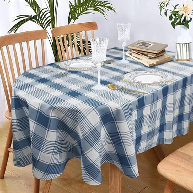 Yighty Buffalo Plaid ovale Tischdecke 152,4x213,3 cm, blau-weiß, rustikal im Landhausstil. Wasserdicht, Polyester, ideal für Bauernhaus, Küche, drinnen & draußen, Partys und Picknicks – Bild 4