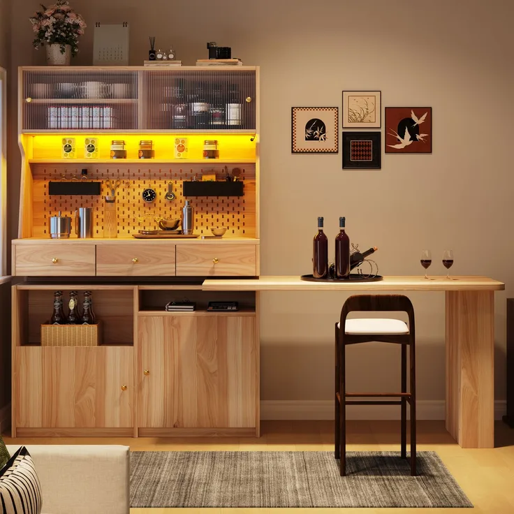 Hochschrank 137x74x177,7 cm mit Schreibtisch, LED, Glasschiebetüren und verstellbaren Böden