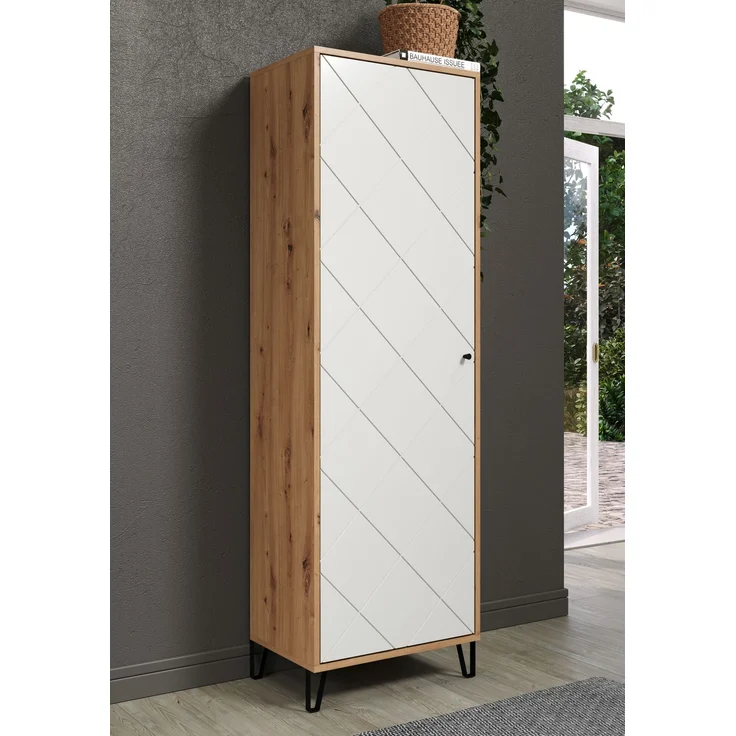 trendteam smart living - Touch - Garderobenschrank - Eiche/Weiß - Kleiderschrank mit ausziehbarer Kleiderstange - Soft-Close - Elegante Metallfüße - (BxHxT) 63 x 194 x 40 cm - Moderne Rautenfräsung – Bild 4