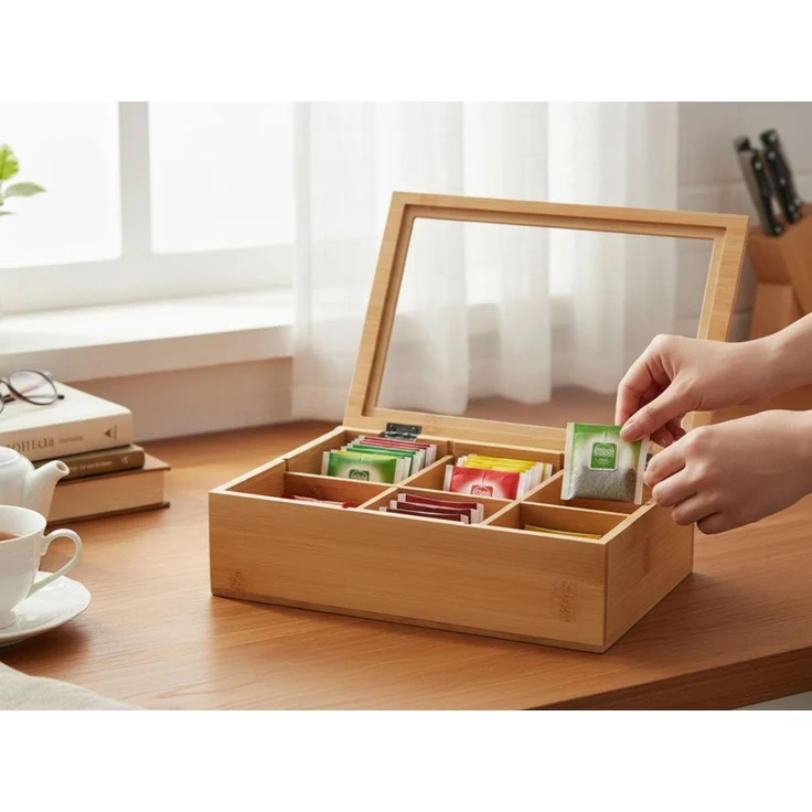 LS-LebenStil Teebox Holz Aufbewahrungsbox Teebox 6 Fächer mit Deckel Teekiste Schmuckkiste, Bambus, (Nachhaltiger Organizer - durchsichtiger Glasdeckel, 1-tlg, Holzkiste Schmuckkiste Schmuckkasten Schmuckkästchen Aufbewahrung), Aufbewahrung für Teebeut... – Bild 4