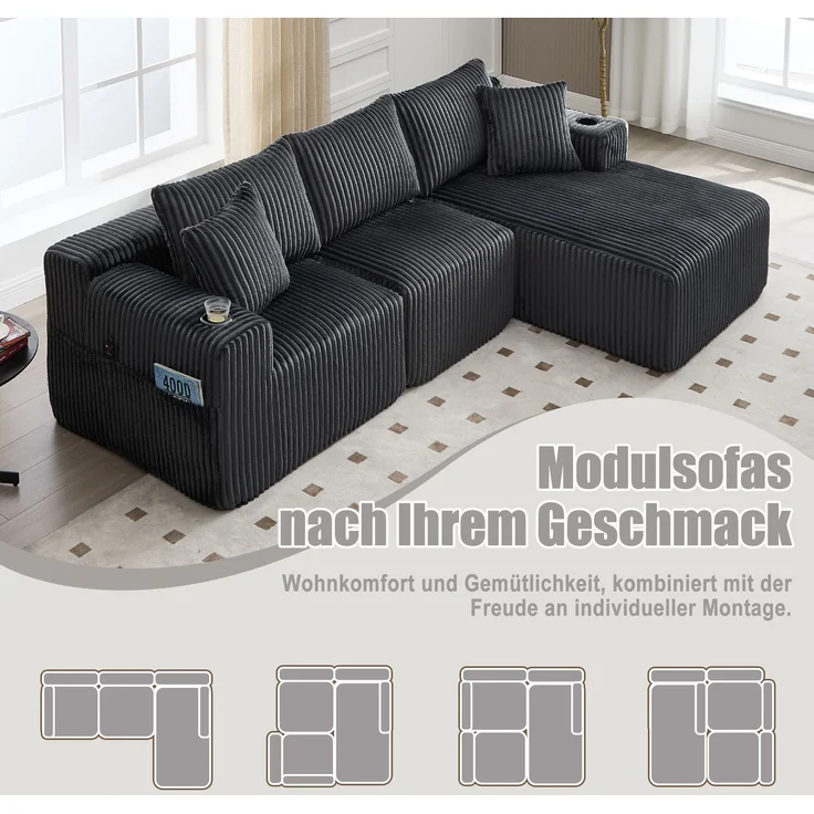 LVHOM Modulares Sofa, Ecksofa mit Schlaffunktion, L-Form Couch mit Chaiselongue, 3-Sitzer Sofa, Polstersofa Cordstoff, 257x160x62 cm – Bild 3