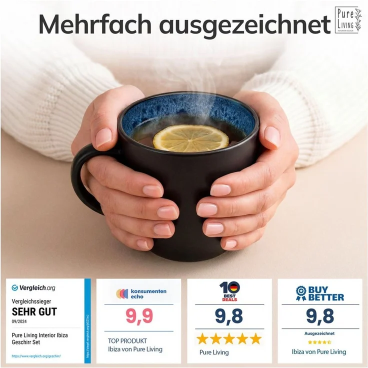 Steingut Kaffeetassen 6 Personen Ibiza TESTSIEGER, Traumhaftes Mediterranes Steingut Tassen Set, Stylisches Tee- und Kaffeebecher Set, Pure Living in Tiefblau – Bild 3