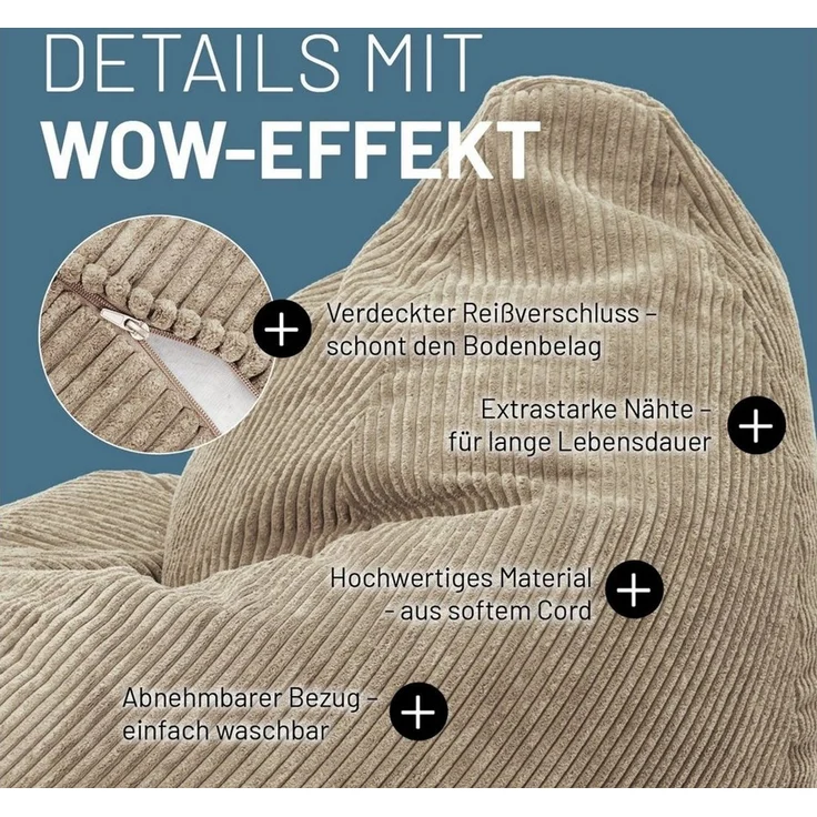Lumaland Relax Set Cord – Sitzsack Giant + Pouf | Besser als Sofa, Sessel & Co. | XXL Bean Bag + Sitzpouf Hocker mit Füllung (EPS Perlen) für Indoor | Bodensofa für Wohnzimmer, Schlafzimmer & Gaming – Bild 4