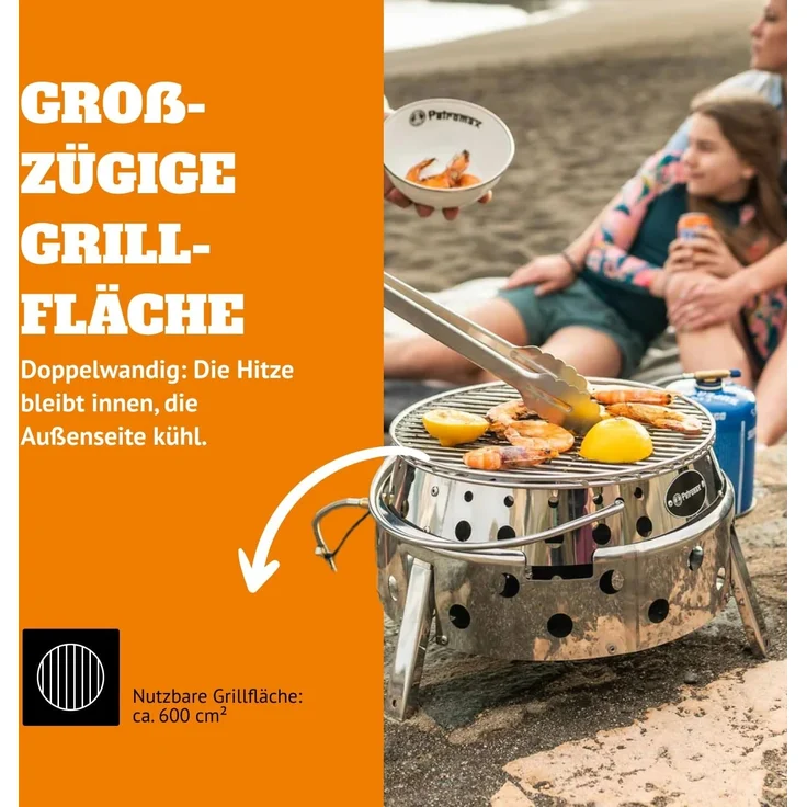 Petromax Atago, Gasgrill Campinggrill, mit Klappmechanismus und Piezo-Zündung, Ø 28 cm, Edelstahl Silber, 19 x 34 x 35,6 cm – Bild 6