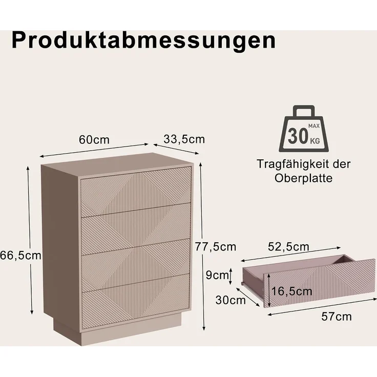 UEV Kommode mit 4 Schubladen, Kommodenschrank Sideboard schmal (Moka), Sideboard Schubladenschrank Push to Open, Mehrzweckschrank für Wohnzimmer Schlafzimmer Flur Büro 60x33,5x77,5cm--Mokka--60x33.5x77.5cm--YOUDENOVA – Bild 3