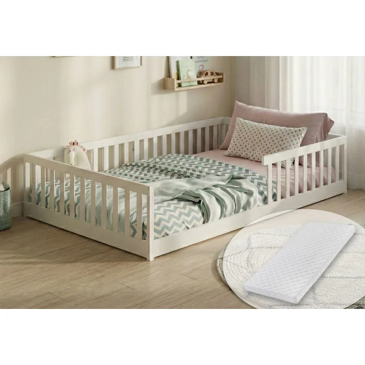 Kids Collective Kinderbett Bodenbett Bett mit Rausfallschutz & Lattenrost Montessori Bett Kinder (weitere Größen, 90x200, 140x200 cm), Jugendbett Einzelbett mit Matratze, weiß Kiefer 120x200 cm – Bild 5
