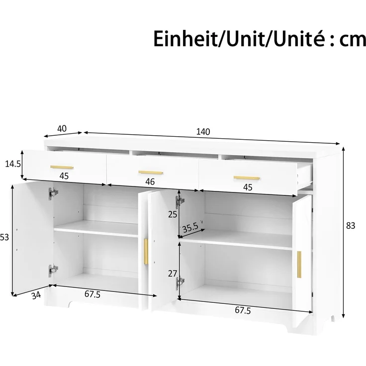 Merax Wohnzimmerschrank, Weiß Sideboard mit vier bogenförmigen Türen, 3 Schubladen, höhenverstellbare Einlegeböden, Korpus aus MDF, goldene Metallgriffe – Bild 4