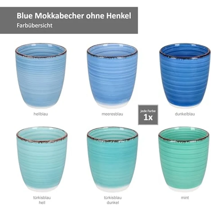 MamboCat Becher 6er Set Blue Mokkabecher ohne Henkel 150ml 6 Personen Matcha Tee Tasse, Steingut – Bild 4