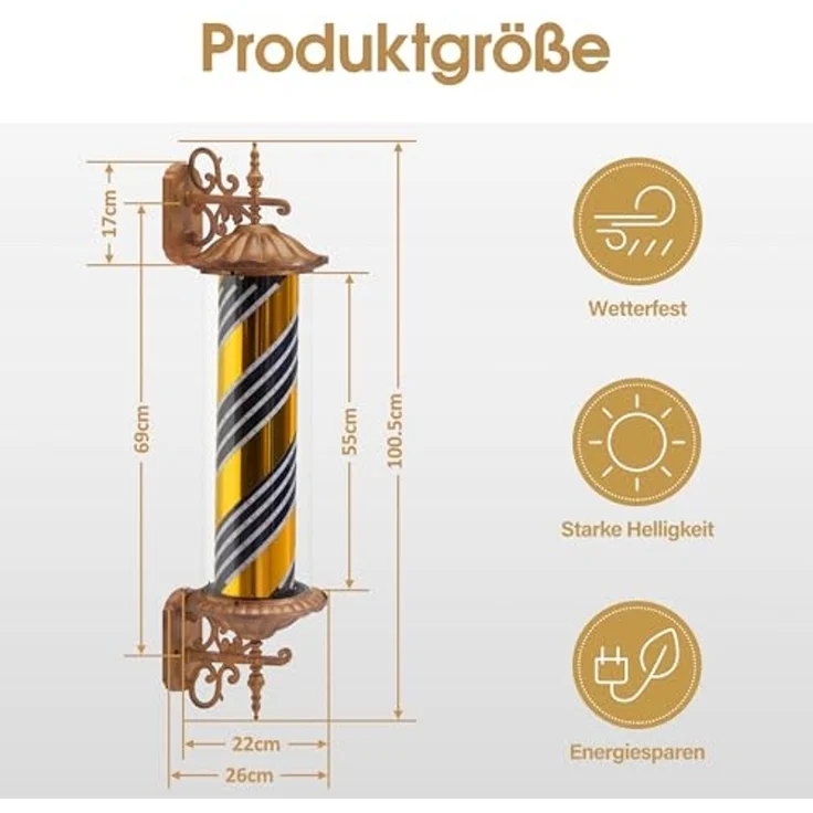 BarberPub Barber Pole Barbierstab, Friseurstange Retro Stil Licht, Drehbaren Blau Gold Weiß LED-Streifen für Barbershop, 100.5 CM Barbier Stange Licht L059BC – Bild 5