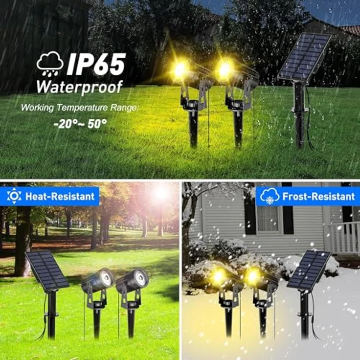 T-SUN Solar Gartenleuchte, 2 Stück Solarstrahler LED, IP65 wasserdicht, 2 Helligkeitsstufen, 3 Meter Kabel, Auto-on/off, 3000K Warmweiß – Bild 3