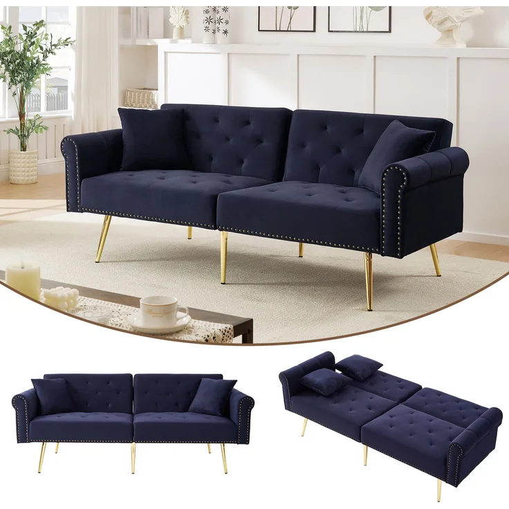 Schlafsofa 173x75x70 cm Samt Antique Blue, 2-Sitzer mit 3-fach verstellbarer Rückenlehne & goldenen Metallfüßen