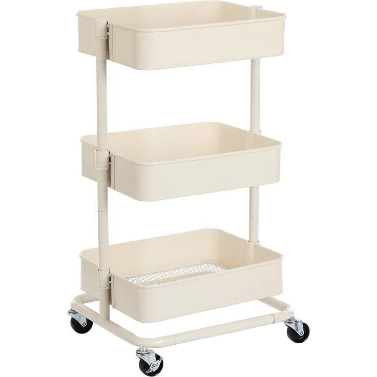 Songmics Rollwagen mit 3 Fächern, Aufbewahrungswagen, Küchenregal mit Rollen, Ablagefächer höhenverstellbar, Servierwagen mit 2 Bremsen, einfache Montage, Bad, Küche, Büro, weiß BSC60WT