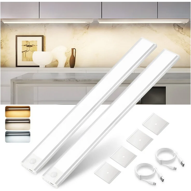 Nettlife LED Unterbauleuchte mit Bewegungsmelder 20/30/40CM Küche Schrankbeleuchtung Dimmbar USB, Dimmbar, LED fest integriert, 3 Farbtemperatur Aufladbar Schrankleuchte für Flur Cabinet – Bild 5