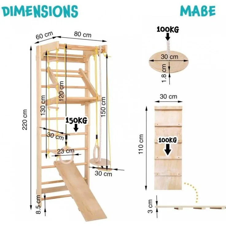 Physionics® Indoor Sprossenwand Set - Für Kinder/Erwachsene, aus Holz, bis 100kg
