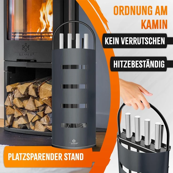 KESSER® Kaminzubehör 5-teiliges Kaminbesteck Set – Modern Design, beschichtet, Hochwertige Kamingarnitur aus 5 Teilen: Besen, Schaufel, Schürhaken, Zange, Ständer mit Sichtschutz Edelstahl Anthrazit – Bild 4