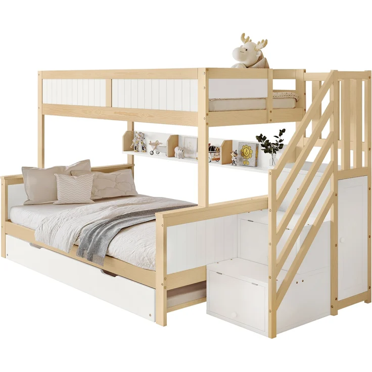 Merax 90x200&120*200cm Etagenbett, Kinderbett, mit Fallschutz und Gitter, Entworfen mit drei Bettpositionen, mit Rollbett, mit Kleiderschrank, Ecktreppe, Kiefer+MDF, Weiß+Natur – Bild 10