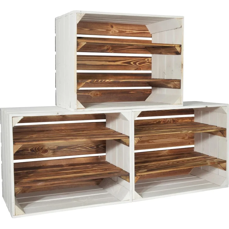 CHICCIE 3 Set Holzkiste Grete Geflammt Weiß 50x40x30cm - 2x Langes Regal Obstkiste Dekokiste Weinkiste – Bild 8