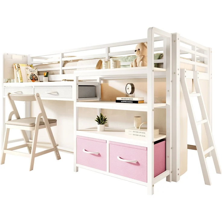 EINHOM Hochbett 90 x 200 cm mit Schreibtisch, Stauraum und Stoffschubladen, Kinderbett aus Metall mit Vorhang, mehrschichtigem Regal und LED-Licht, Weiß (Ohne Matratze) – Bild 6
