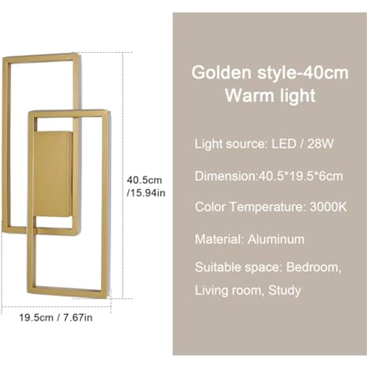 Goeco Wandleuchte LED Innen Gold, 28W Moderne Wandlampe im Quadrat-Design, Warmweiß 3000K Wandbeleuchtung Aluminium für Wohnzimmer, Flur, Korridor und Schlafzimmer – Bild 4