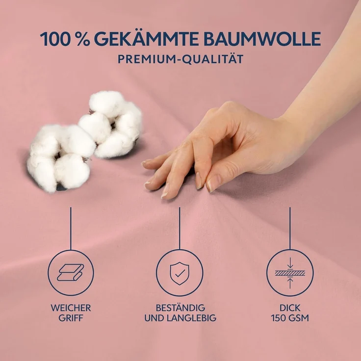 Dreamzie Premium Spannbettlaken 140x200 cm, Bettlaken 100% Jersey Baumwolle, Spannbetttuch für Dicke Matratzen bis zu 22 cm, 150 g/m², Oeko-TEX Zertifiziert - Rosa – Bild 2