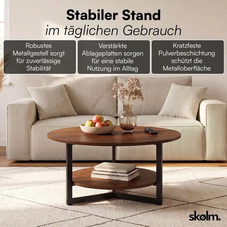 skølm 'Drakkar' Couchtisch rund, Massivholz Eiche, lackiert, Walnussoptik, Wohnzimmertisch Ø70 cm mit Metallgestell, Beistelltisch für Wohnzimmer mit Ablage – Bild 7