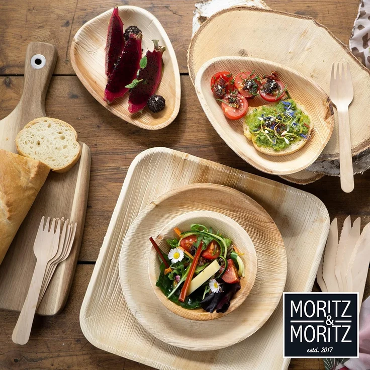 Moritz & Moritz Einweggeschirr-Set 25tlg Palmblatt Teller Eckig 25x25cm (25-tlg), 25 Personen, Palmblatt, Birkenholz, 25x25cm – Bild 7