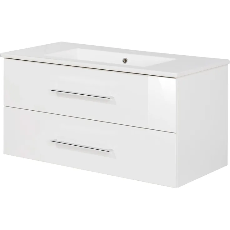 FACKELMANN B.PERFEKT Waschbecken mit Unterschrank 103 cm breit, Weiß, Waschbecken Keramik Weiß