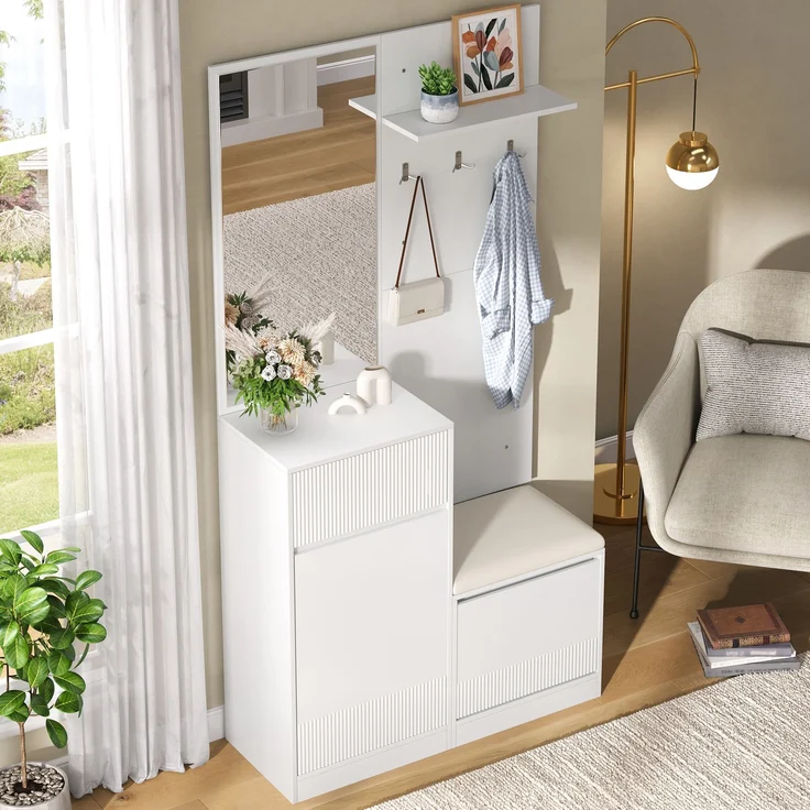 Garderobe,Kompaktgarderobe, Flurgarderobe, Garderoben Set, Schuhschrank, Schuhbank, Schuhkipper, Garderobe mit Spiegel,LED Garderobe(Not a one-piece product, holes need to be drill on the wall)--Weiß--105x38x190cm--YOUDENOVA – Bild 10