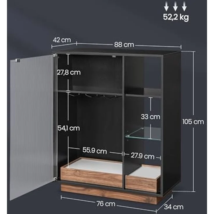 VASAGLE Weinschrank mit Beleuchtung, Sideboard mit LED, Küchenschrank für Weinflaschen, Barschrank mit Weinglashalter, geriffelte Glastür, für Wohnzimmer, ebenholzschwarz BBK361B21 – Bild 2