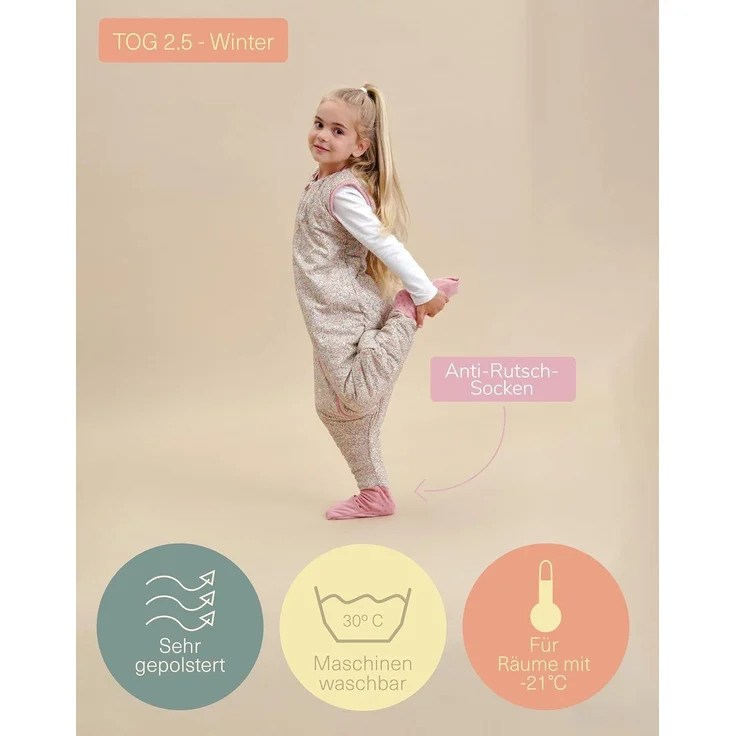 molis&co. Baby-Schlafsack mit Füßen und Socke. 2.5 TOG. Größe: 80 cm (2 Jahre). Ideal für die Übergangszeit und den Winter. Pastel Floral. 100% Baumwolle. – Bild 4